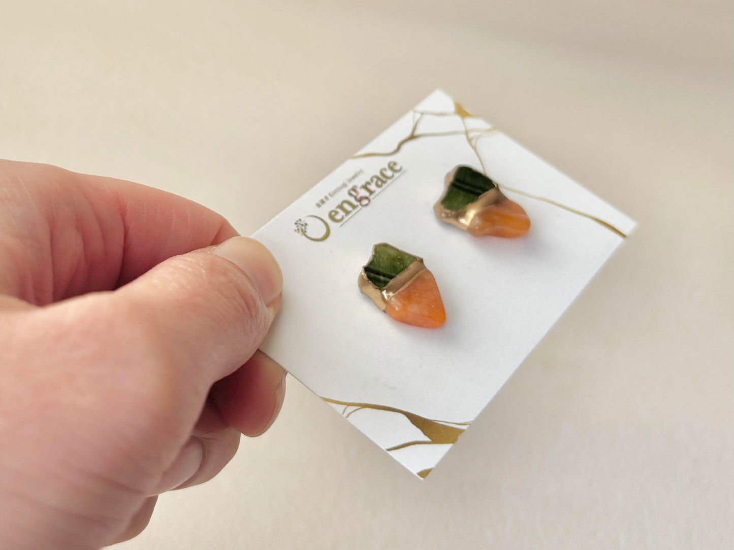 【金具が選べる】織部焼　金継ぎ　ピアス　イヤリング　緑　オレンジアベンチュリン　天然石　伝統工芸　＃468