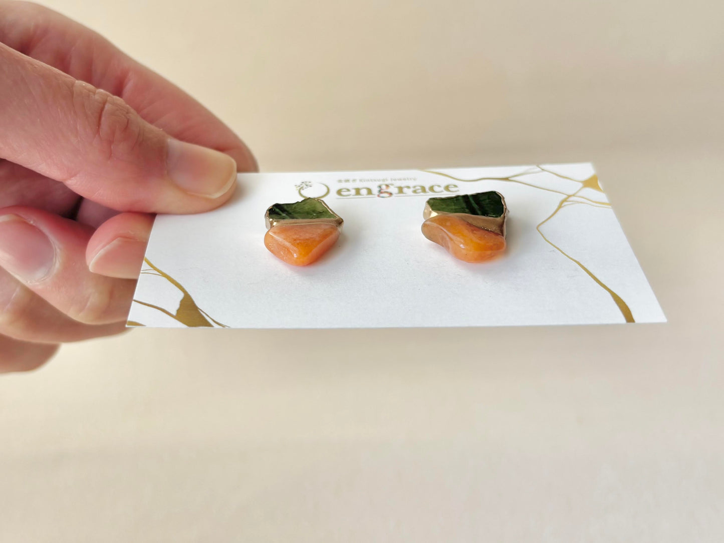 【金具が選べる】織部焼　金継ぎ　ピアス　イヤリング　緑　オレンジアベンチュリン　天然石　伝統工芸　＃468