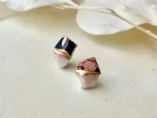 【金具が選べる】有田焼　金継ぎ　ピアス　イヤリング　ピンク　花柄　モルガナイト　天然石　伝統工芸　＃473
