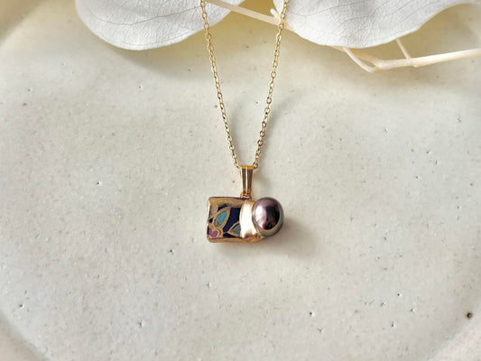 有田焼　金継ぎ　ネックレス　サージカルステンレスチェーン　アレルギー対応　18K　リーフ柄　淡水パール　天然石　伝統工芸　＃480