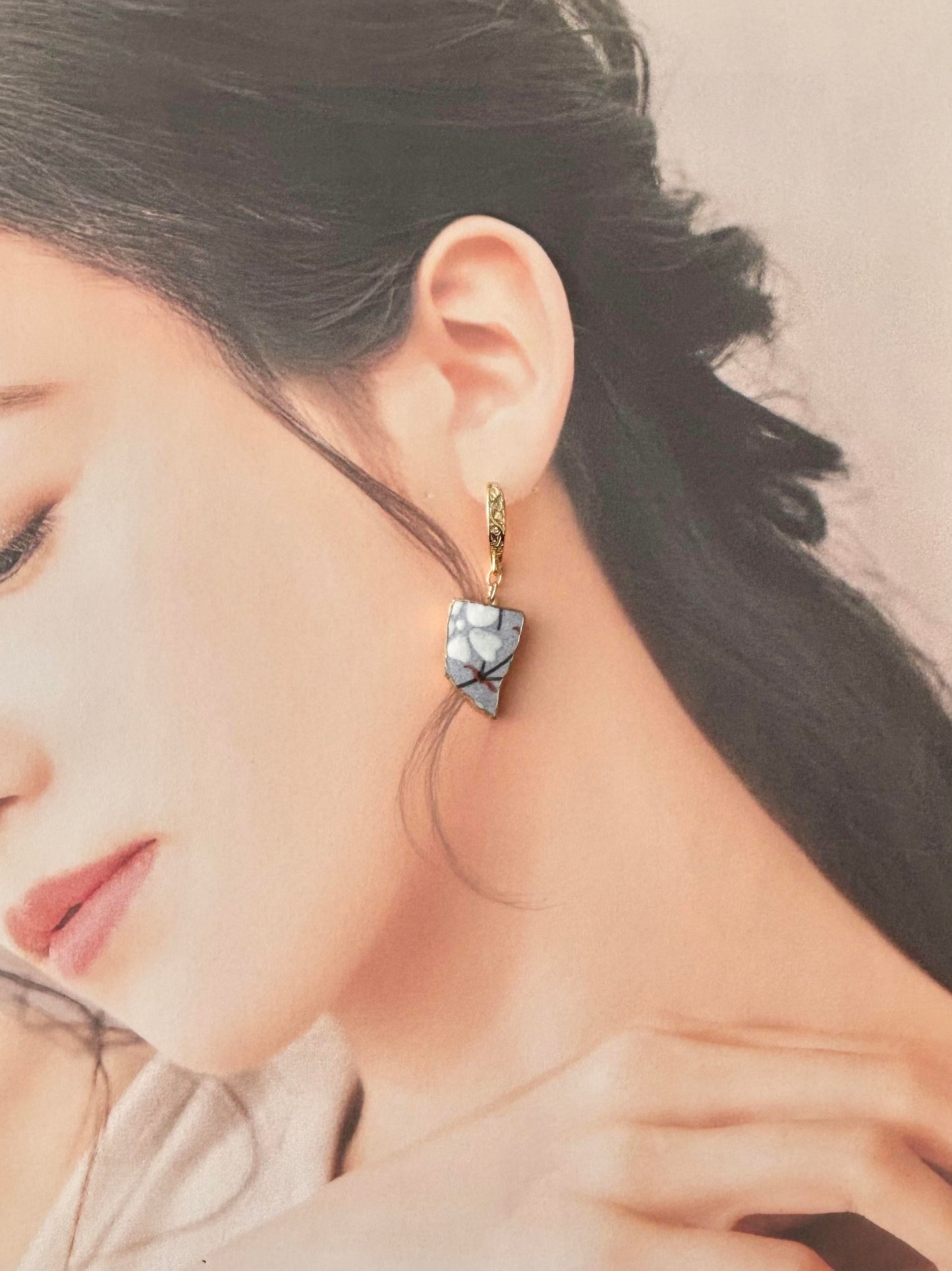 京焼 　金継ぎ　14KGFピアス　手書き　絵付け　花柄　紫　揺れる　伝統工芸　＃485