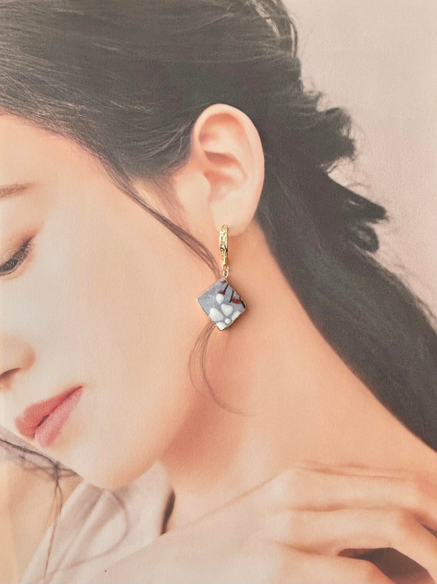 京焼 　金継ぎ　14KGFピアス　手書き　絵付け　花柄　紫　揺れる　伝統工芸　＃485