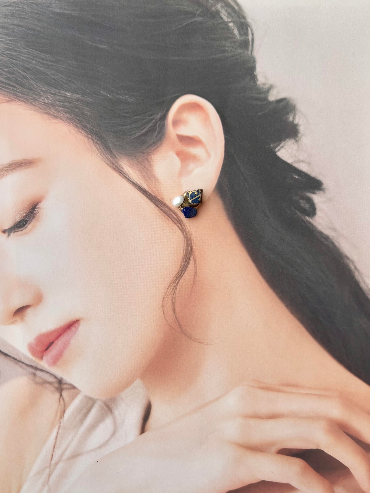 有田焼　金継ぎ　サージカルステンレスピアス・ネックレスセット　金色　リーフ柄　淡水パール　ラピスラズリ　伝統工芸　＃491