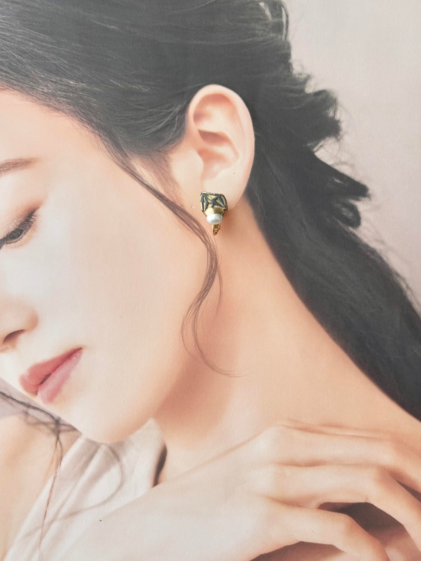 京焼　金継ぎ　ネジバネ式イヤリング・ネックレスセット　グレー　花柄　淡水パール　伝統工芸　天然石　＃494