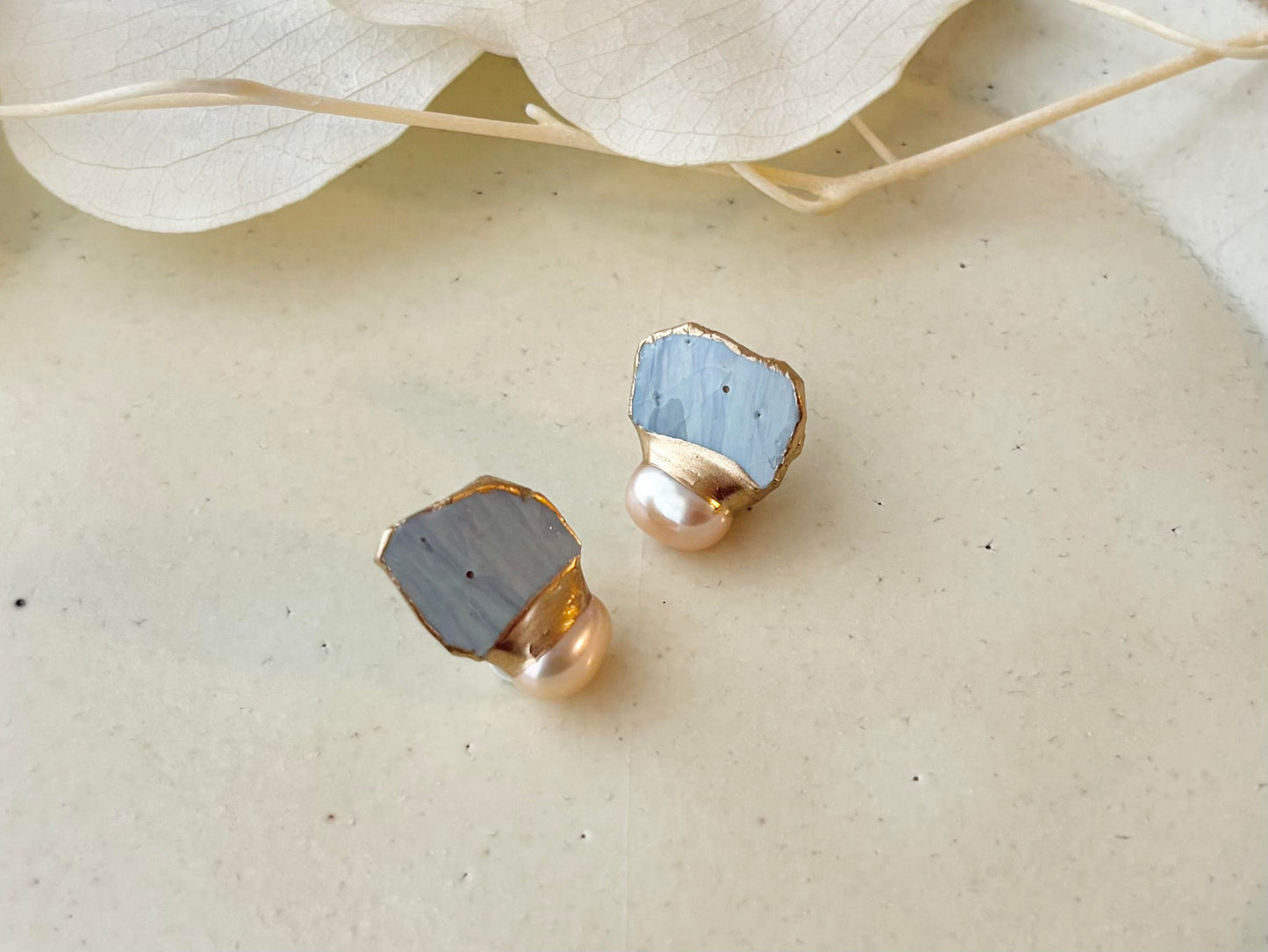 Hagi Ware Kintsugi Earrings - Surgical Stainless Steel Posts, Indigo Blue, Freshwater Pearls, Natural Stones, Traditional Crafts #373