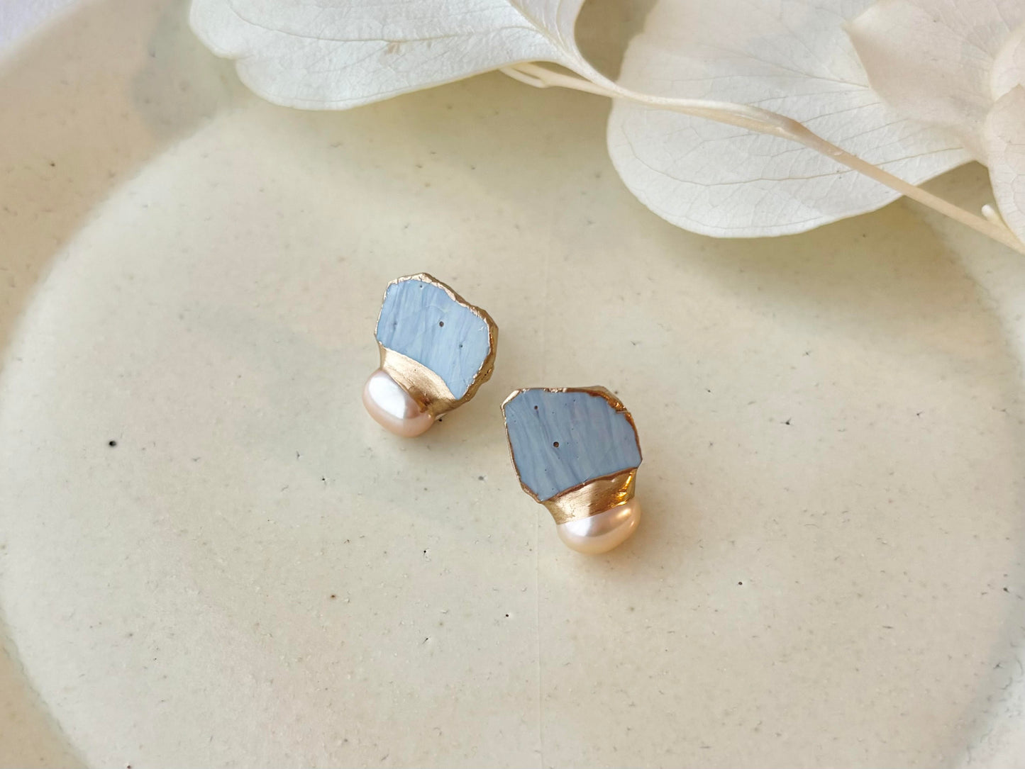 Hagi Ware Kintsugi Earrings - Surgical Stainless Steel Posts, Indigo Blue, Freshwater Pearls, Natural Stones, Traditional Crafts #373