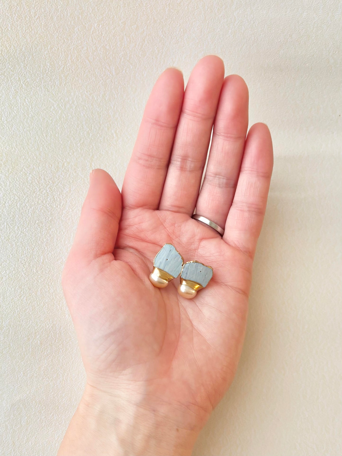 Hagi Ware Kintsugi Earrings - Surgical Stainless Steel Posts, Indigo Blue, Freshwater Pearls, Natural Stones, Traditional Crafts #373