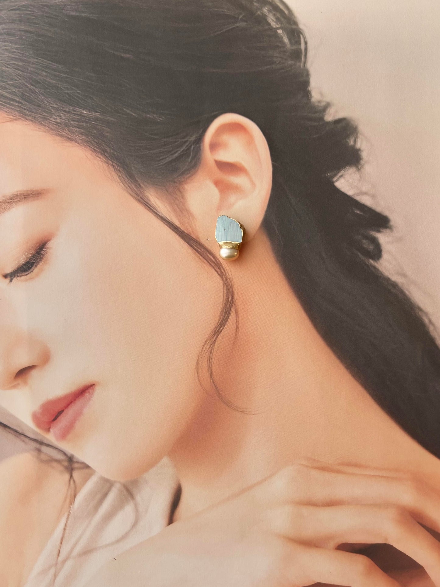 Hagi Ware Kintsugi Earrings - Surgical Stainless Steel Posts, Indigo Blue, Freshwater Pearls, Natural Stones, Traditional Crafts #373