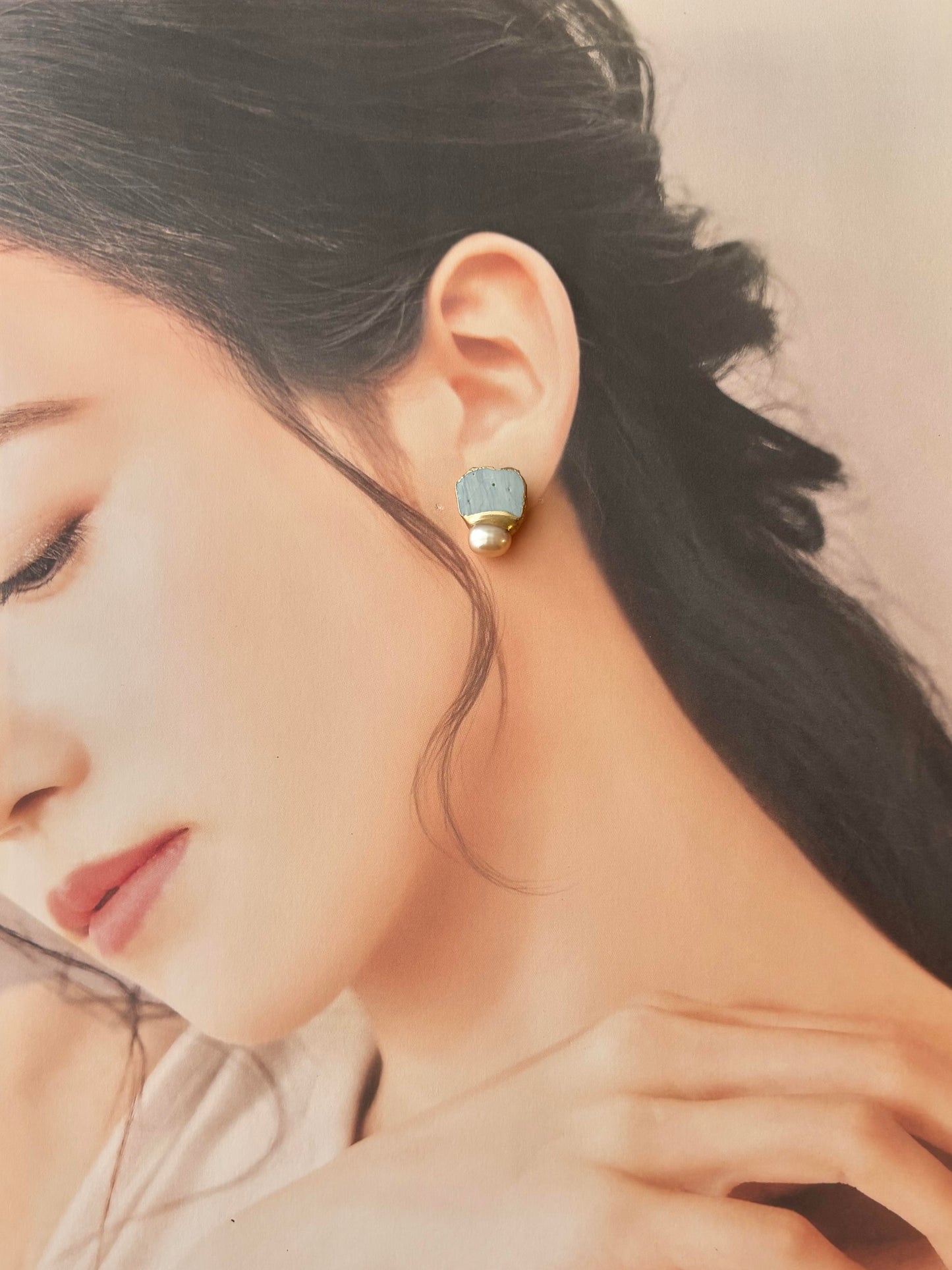 Hagi Ware Kintsugi Earrings - Surgical Stainless Steel Posts, Indigo Blue, Freshwater Pearls, Natural Stones, Traditional Crafts #373