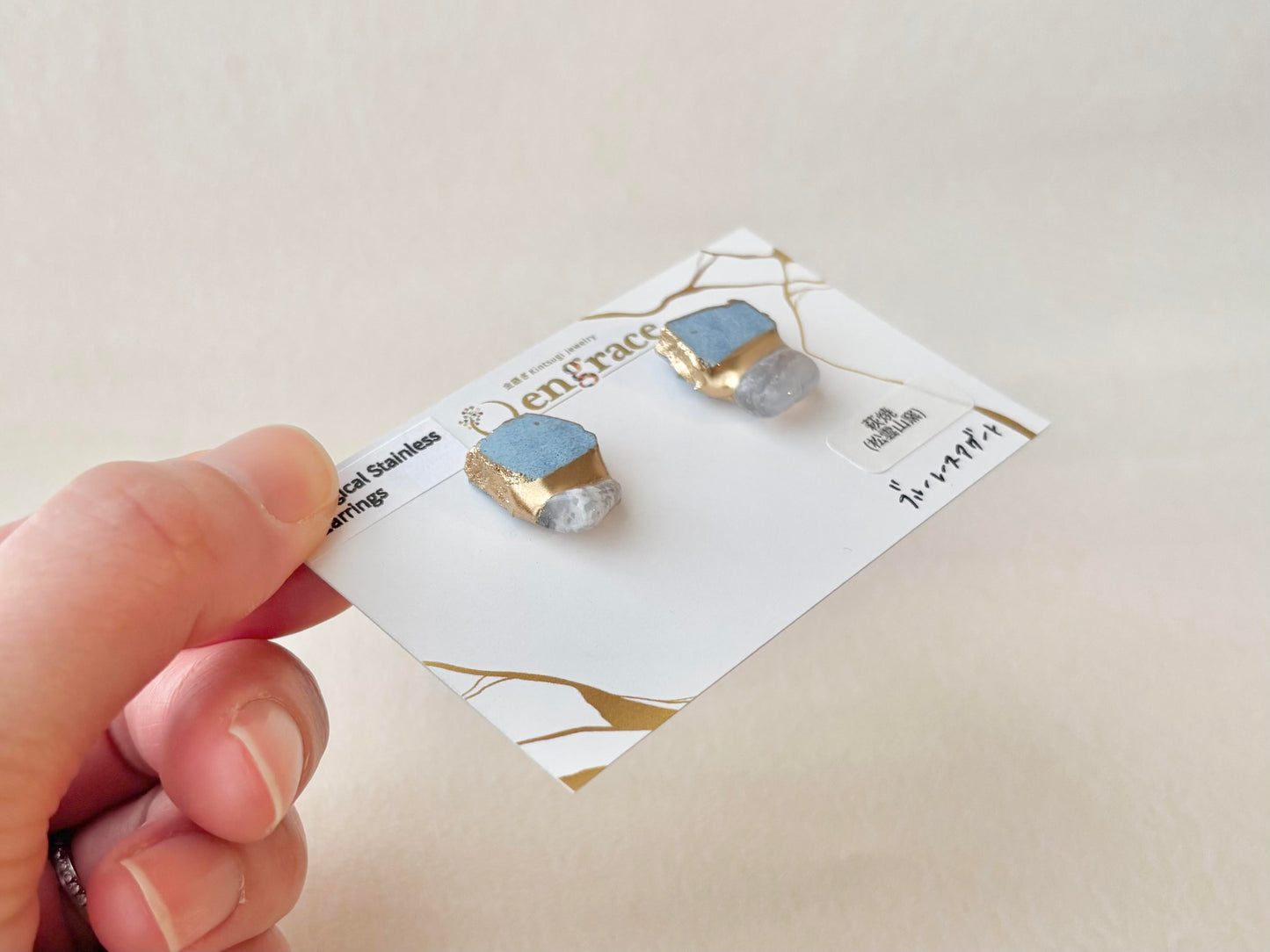 萩焼　金継ぎ　サージカルステンレスピアス　水色　ブルーレースアゲート　天然石　 伝統工芸　＃496