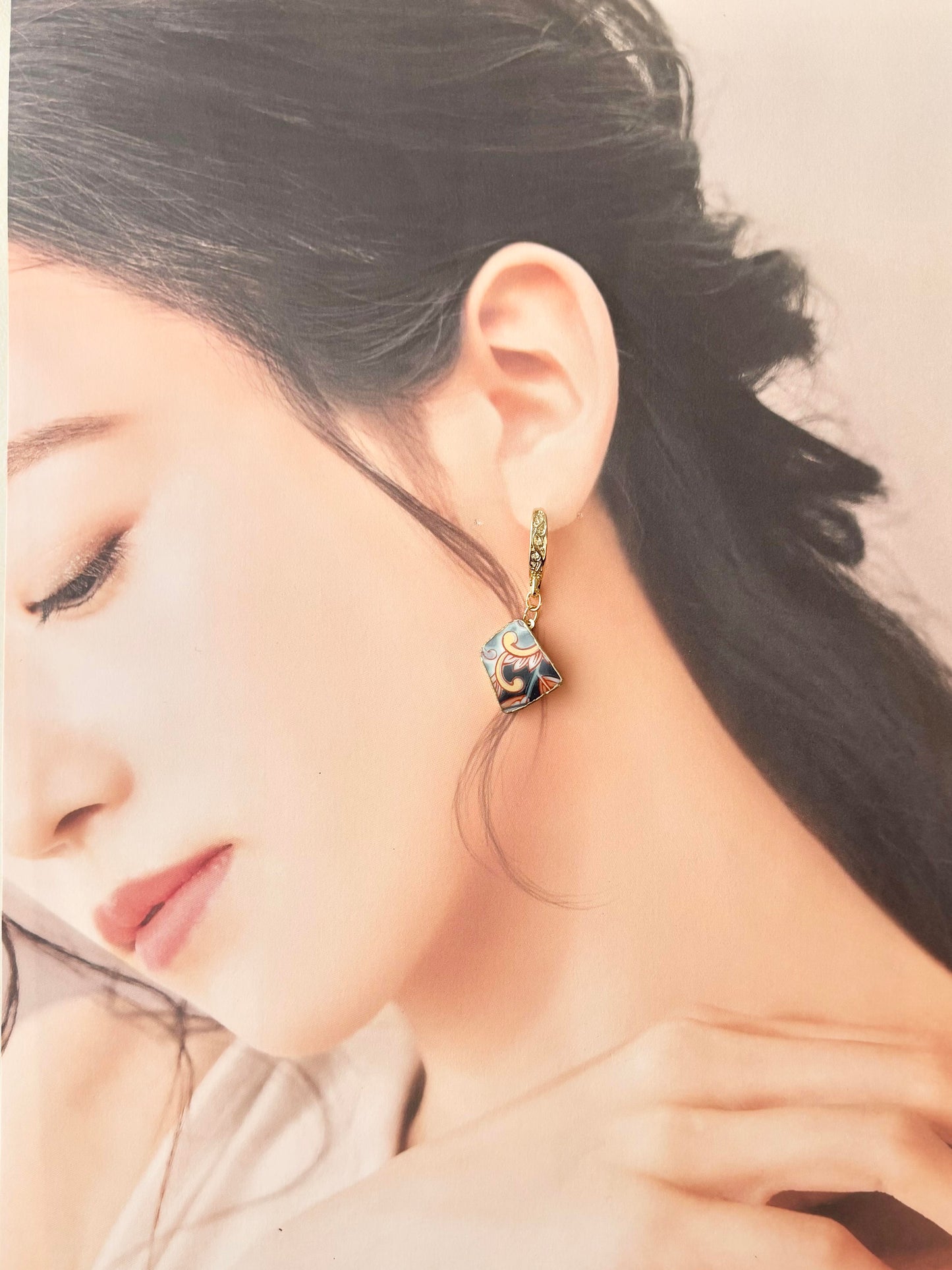 Kyoto Ware (Kyoyaki) Kintsugi 14KGF Pierced Earrings, Hand-painted, Flower Pattern, Purple, Dangling, Traditional Craft, #485