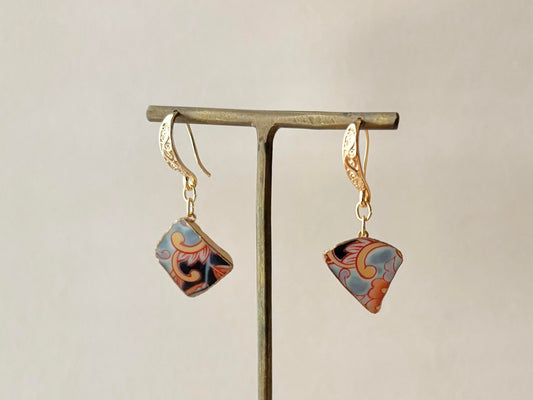 有田焼 　金継ぎ　14KGFピアス　オレンジ　リーフ柄　揺れる　伝統工芸　＃498