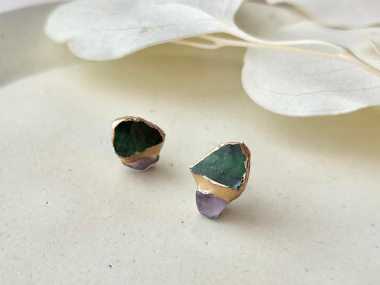 織部焼　金継ぎ　サージカルステンレスピアス　緑　フローライト　天然石　伝統工芸　＃505