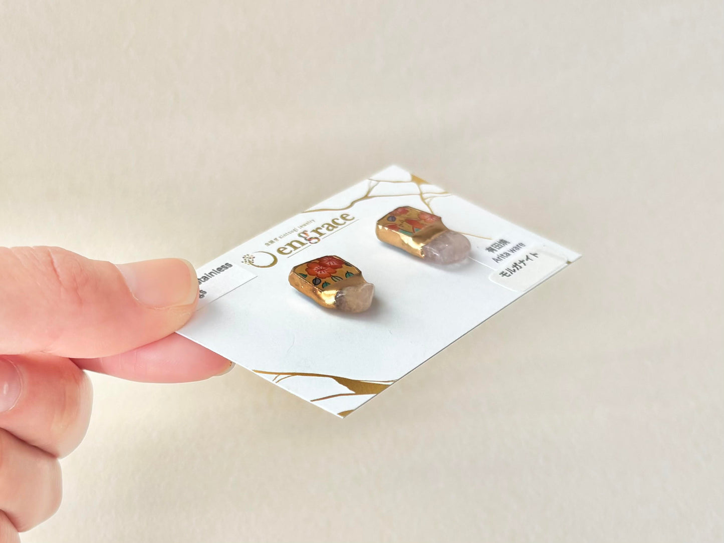 有田焼 　金継ぎ　サージカルステンレスピアス　花柄　リーフ柄　ゴールド　モルガナイト　天然石　伝統工芸　＃506