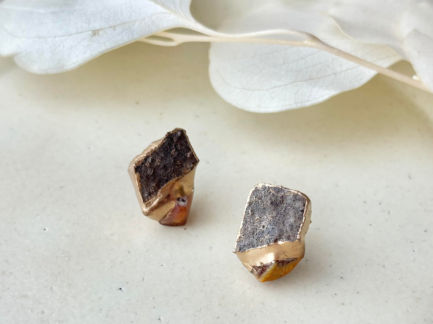 Bizen Ware Kintsugi Earrings - Surgical Stainless Steel Posts, Brown, Freshwater Pearls, Dangle style, Natural Stones, Traditional Crafts #377