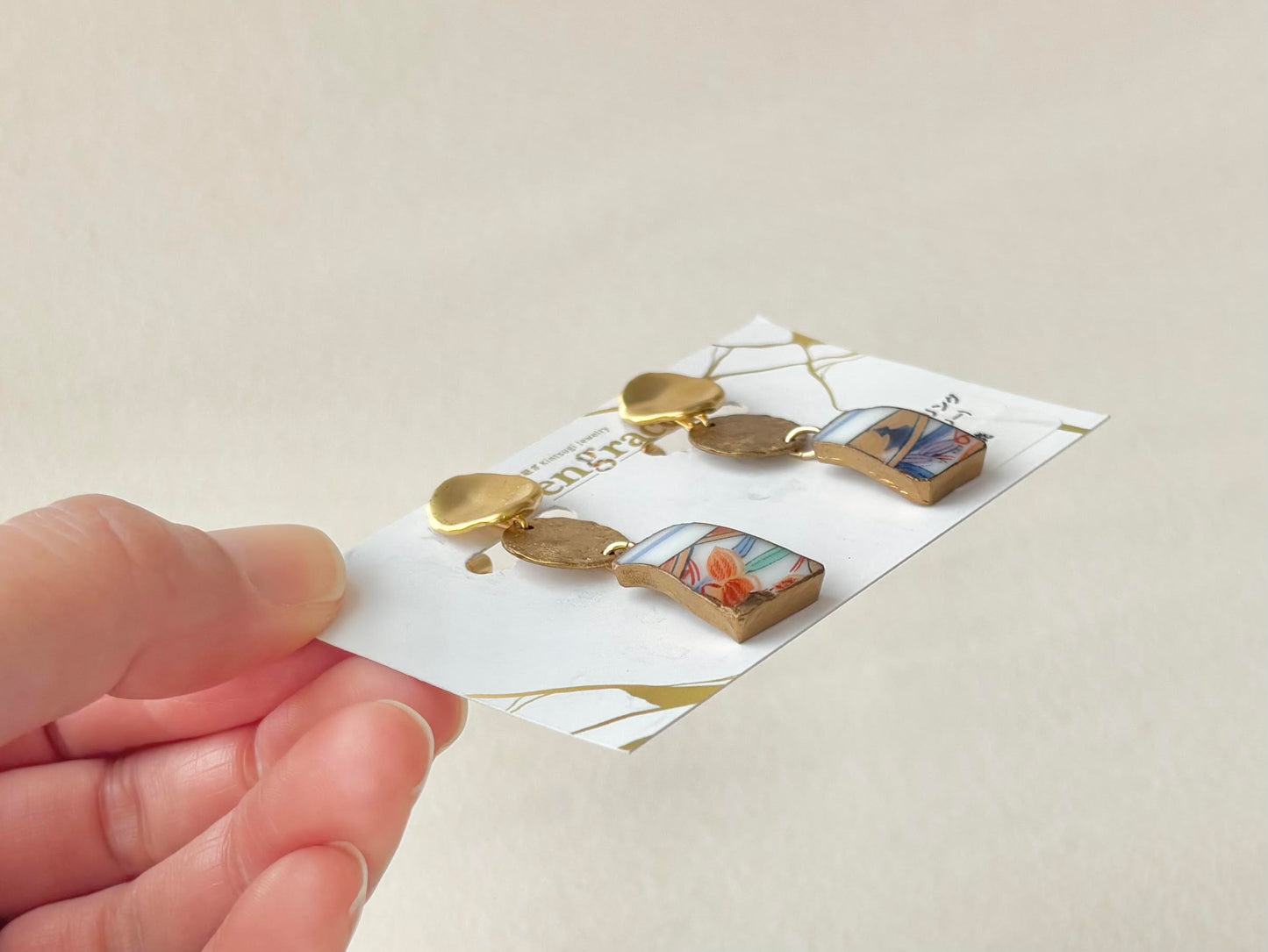 Arita Ware Kintsugi Earrings - Surgical Stainless Steel Posts, Orange, Floral & Leaf Patterns, Dangle style, Traditional Crafts #387