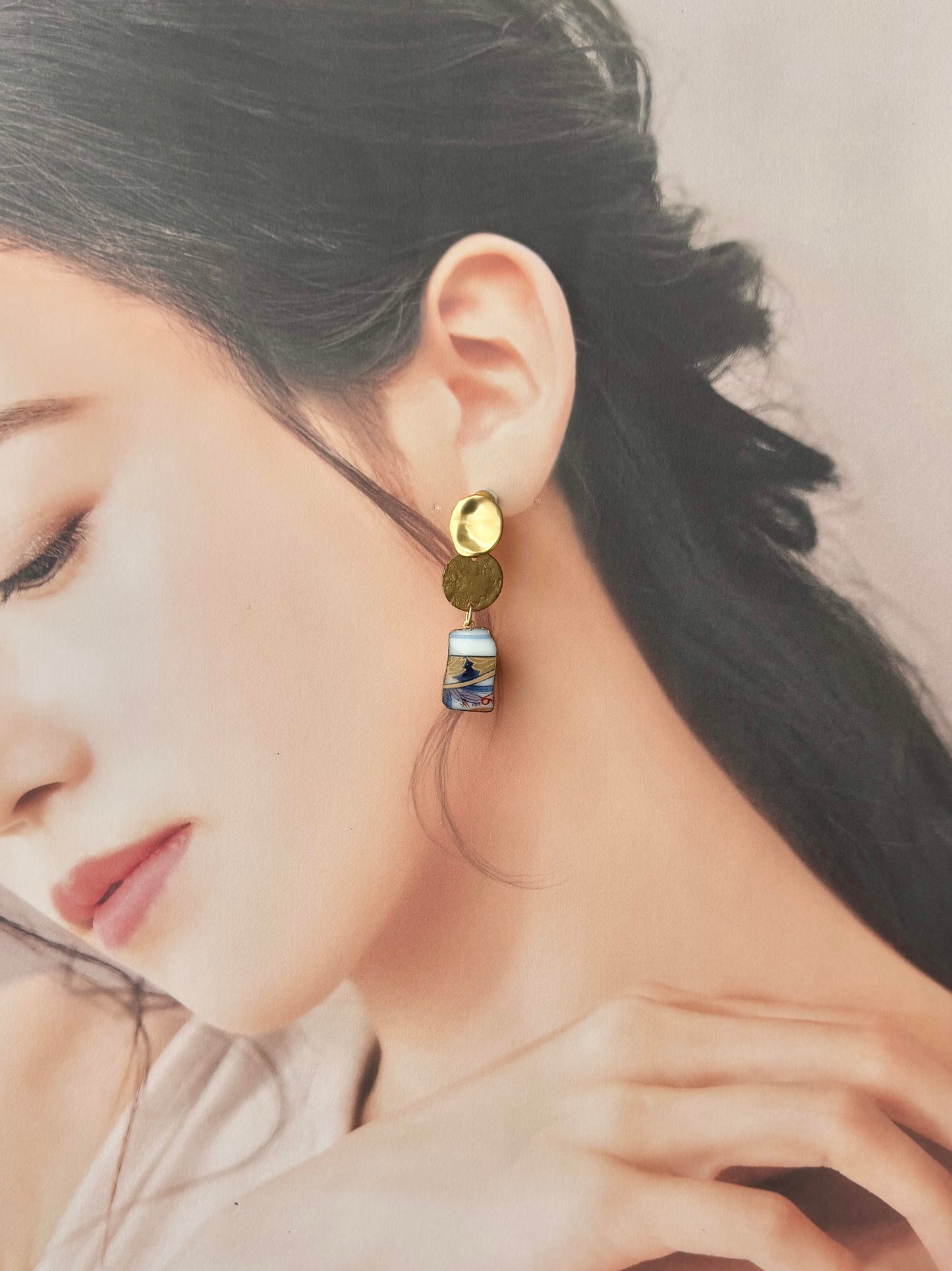 Arita Ware Kintsugi Earrings - Surgical Stainless Steel Posts, Orange, Floral & Leaf Patterns, Dangle style, Traditional Crafts #387