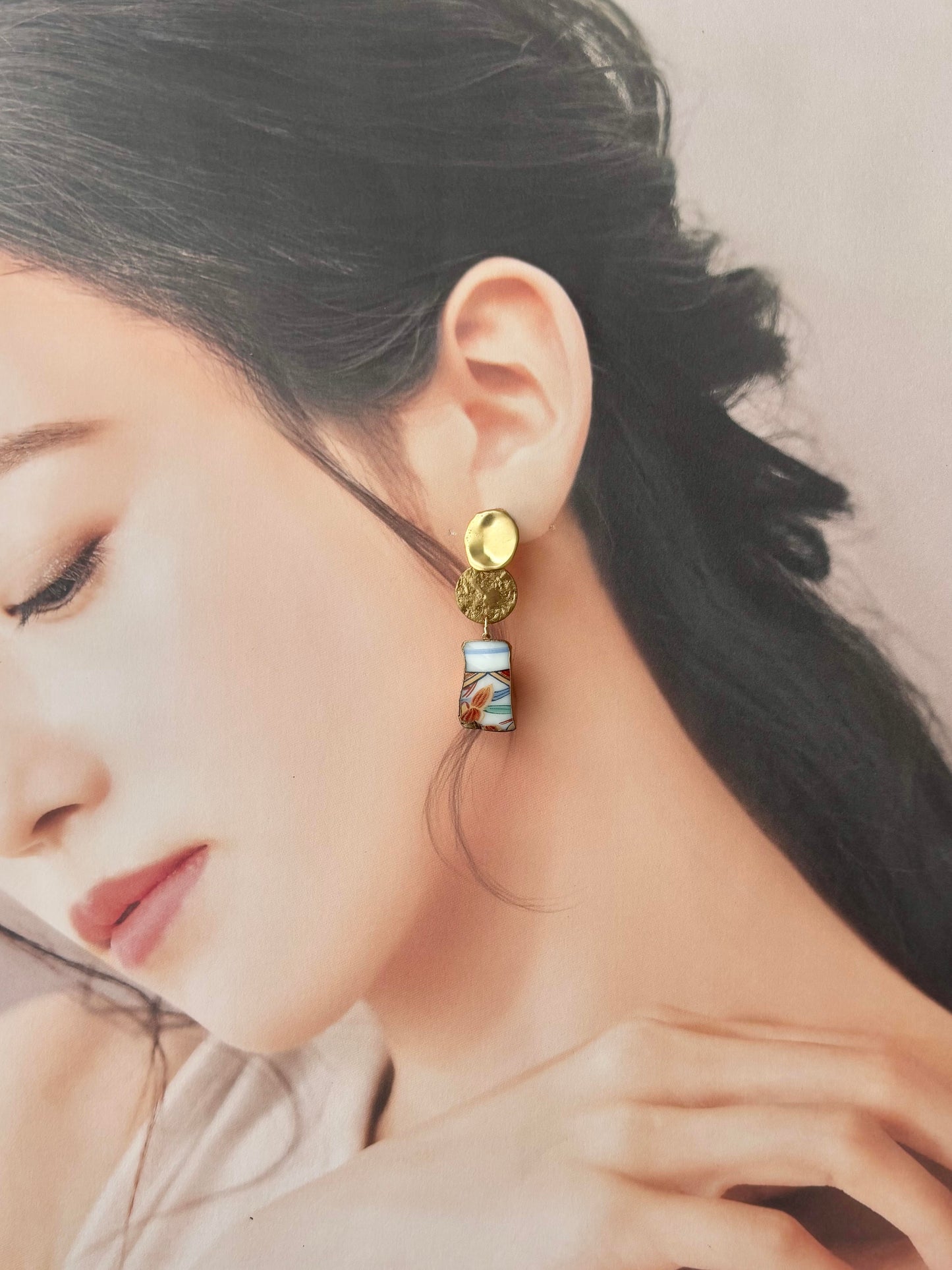 Arita Ware Kintsugi Earrings - Surgical Stainless Steel Posts, Orange, Floral & Leaf Patterns, Dangle style, Traditional Crafts #387