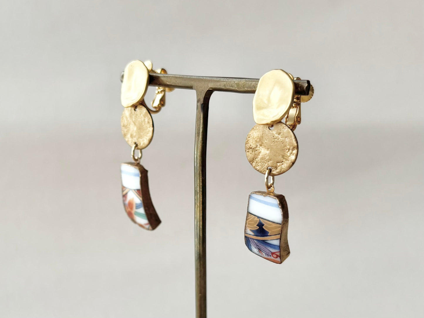 Arita Ware Kintsugi Earrings - Surgical Stainless Steel Posts, Orange, Floral & Leaf Patterns, Dangle style, Traditional Crafts #387