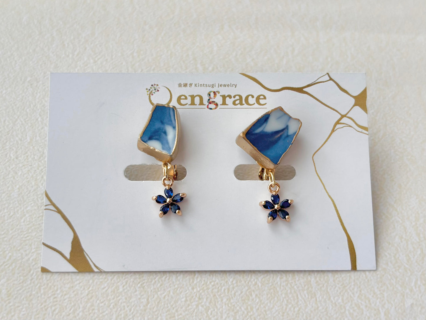 Hagi Ware Kintsugi Screw-Back Clip-On Earrings, Blue, Dangling, Traditional Craft, #489