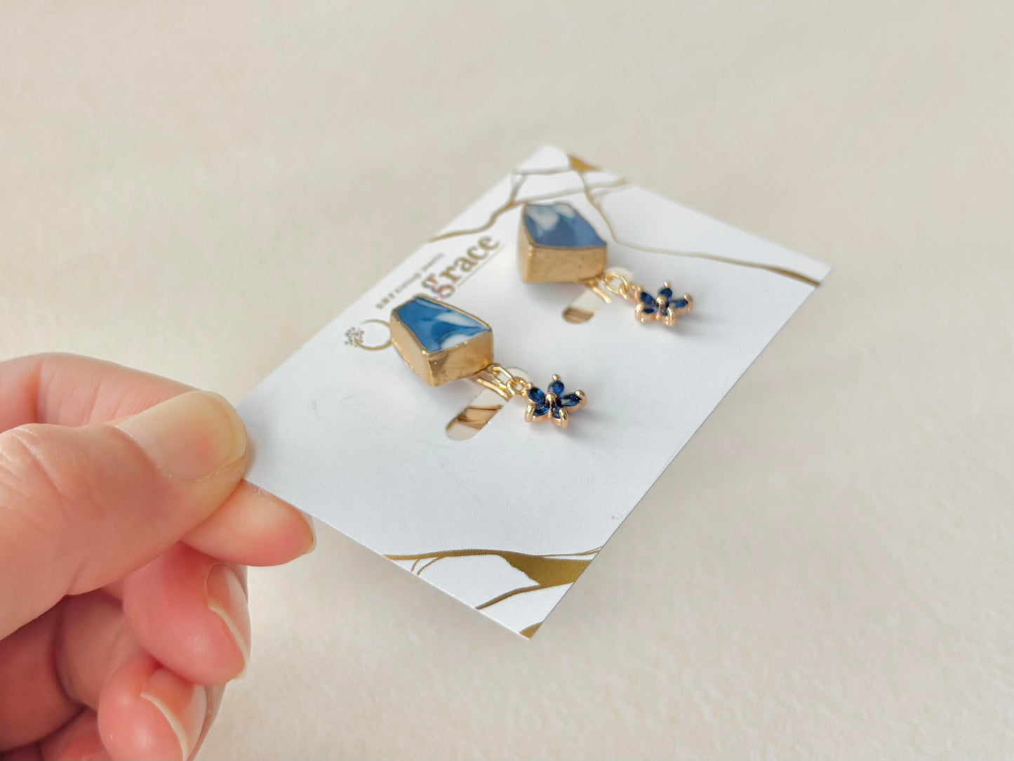 Hagi Ware Kintsugi Screw-Back Clip-On Earrings, Blue, Dangling, Traditional Craft, #489