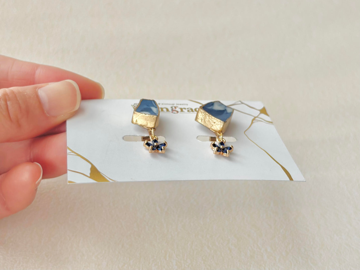 Hagi Ware Kintsugi Screw-Back Clip-On Earrings, Blue, Dangling, Traditional Craft, #489