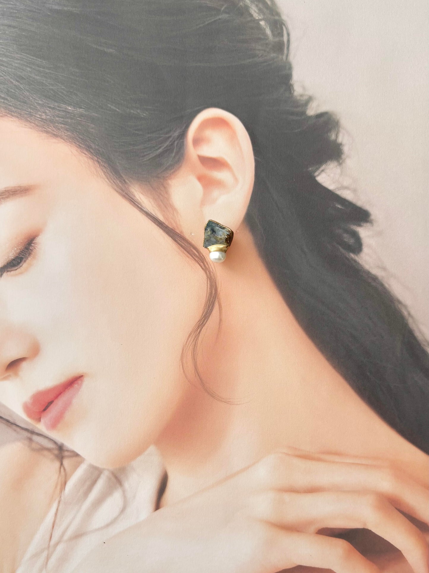 Hagi Ware Kintsugi Earrings - Surgical Stainless Steel Posts, Indigo Blue, Freshwater Pearls, Natural Stones, Traditional Crafts #373