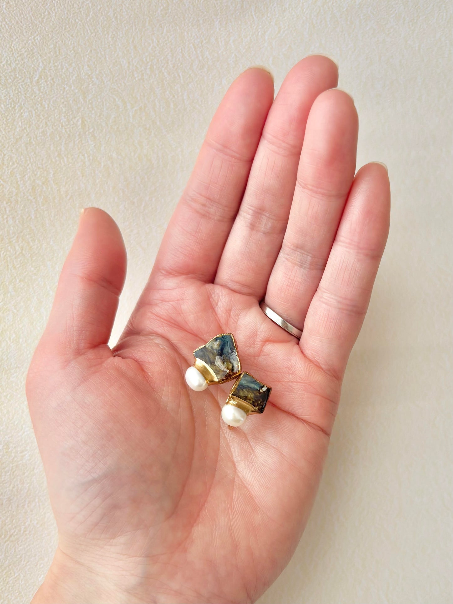 Hagi Ware Kintsugi Earrings - Surgical Stainless Steel Posts, Indigo Blue, Freshwater Pearls, Natural Stones, Traditional Crafts #373