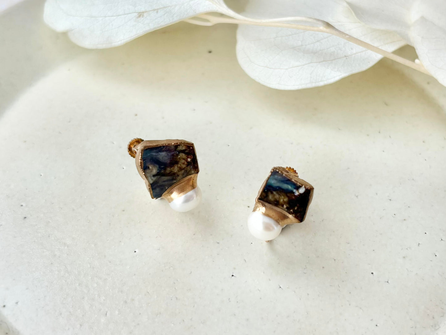 Hagi Ware Kintsugi Earrings - Surgical Stainless Steel Posts, Indigo Blue, Freshwater Pearls, Natural Stones, Traditional Crafts #373