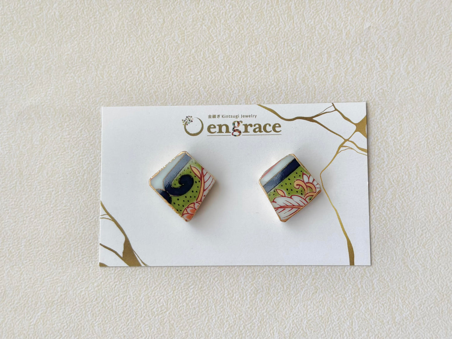 【金具が選べる】有田焼　金継ぎ　ピアス　イヤリング　オレンジ　リーフ柄　伝統工芸　＃518