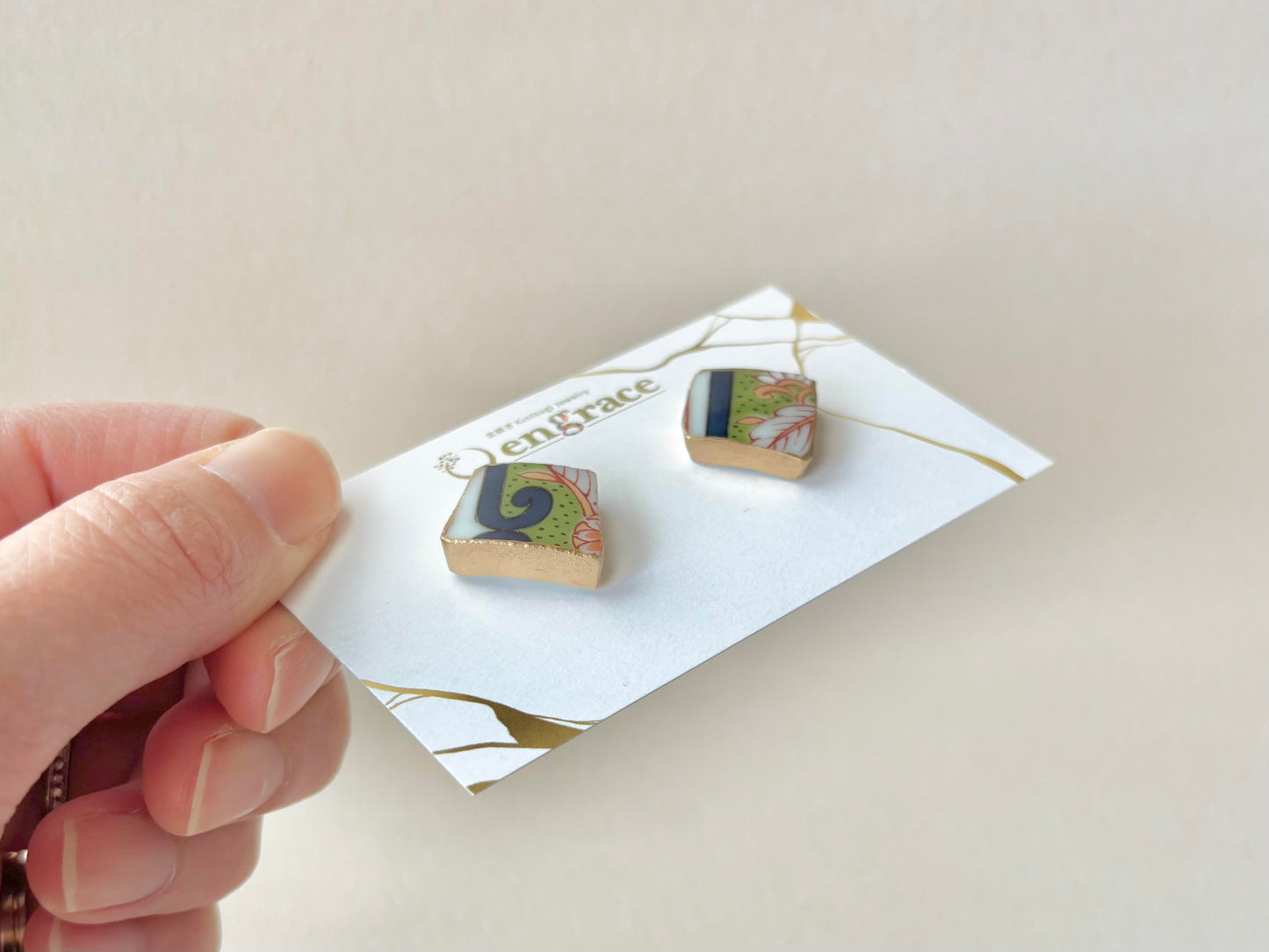 【金具が選べる】有田焼　金継ぎ　ピアス　イヤリング　オレンジ　リーフ柄　伝統工芸　＃518