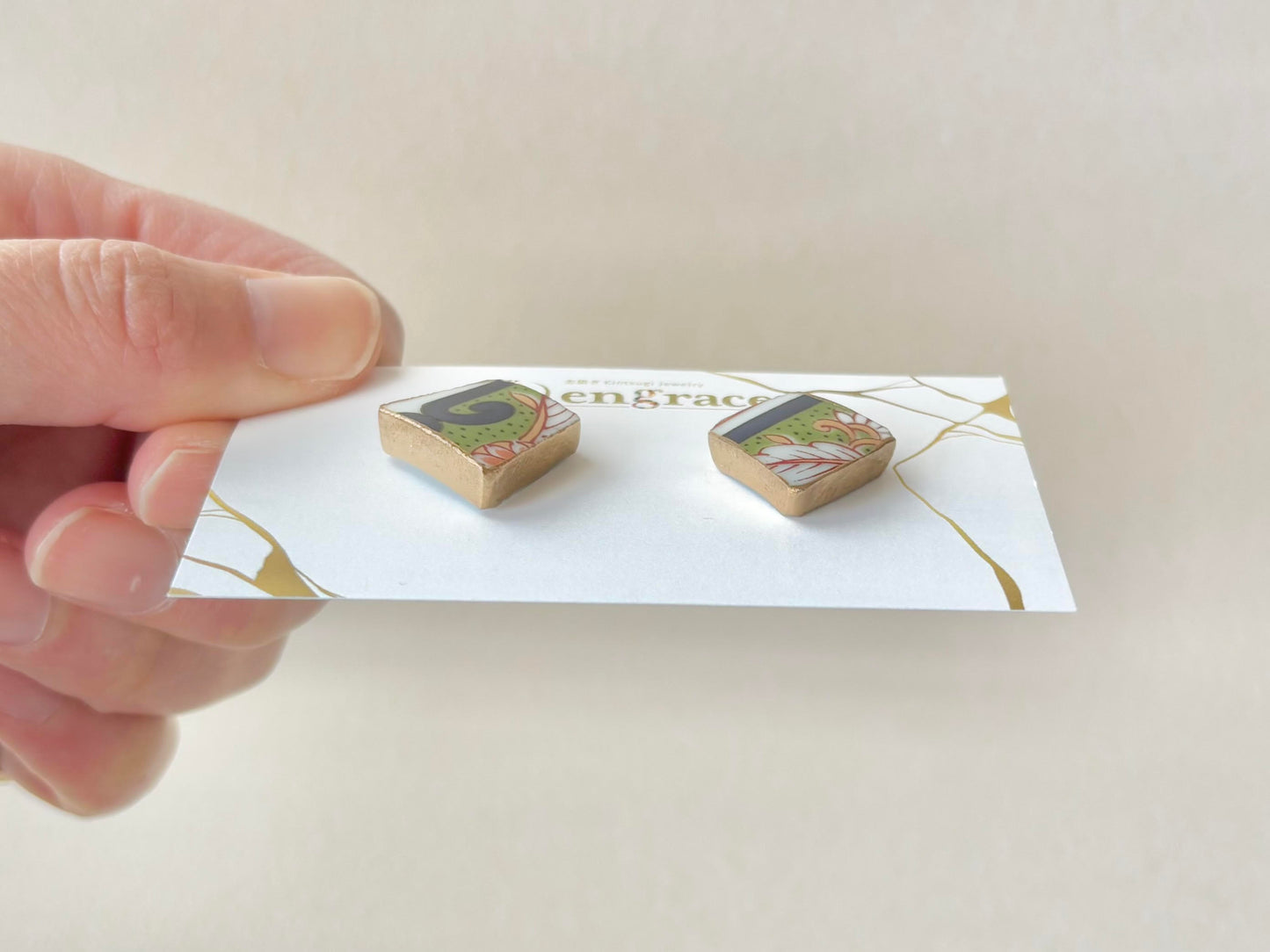 【金具が選べる】有田焼　金継ぎ　ピアス　イヤリング　オレンジ　リーフ柄　伝統工芸　＃518