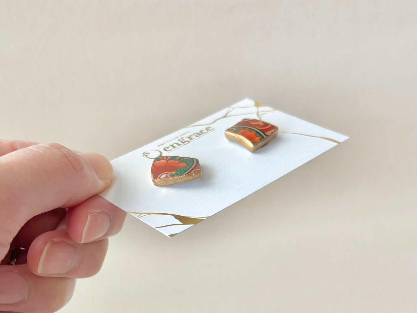 【金具が選べる】有田焼　金継ぎ　ピアス　イヤリング　オレンジ　花柄　伝統工芸　＃519