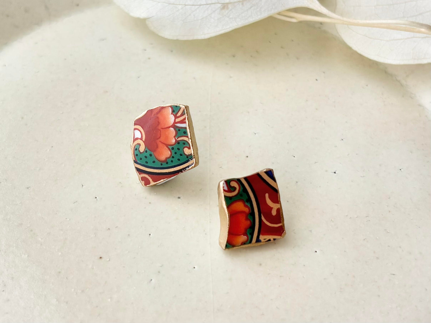【金具が選べる】有田焼　金継ぎ　ピアス　イヤリング　オレンジ　花柄　伝統工芸　＃519