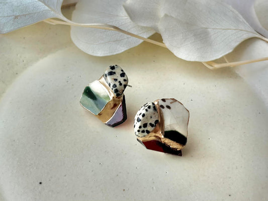 織部焼　金継ぎ　サージカルステンレスピアス　緑　白　ダルメシアンジャスパー　天然石　伝統工芸　＃521