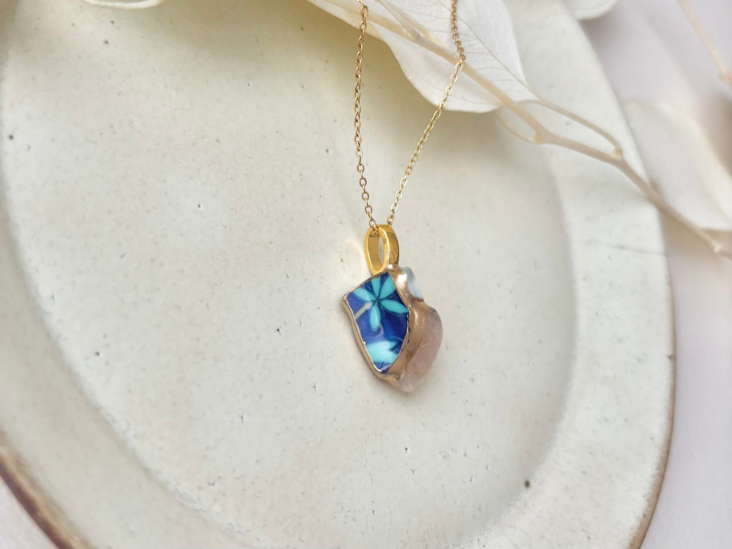 Arita Ware Kintsugi Necklace, Surgical Stainless Steel Chain, Hypoallergenic, 18K, Blue, Leaf Pattern, Freshwater Pearl, Natural Stone, Traditional Craft, #481