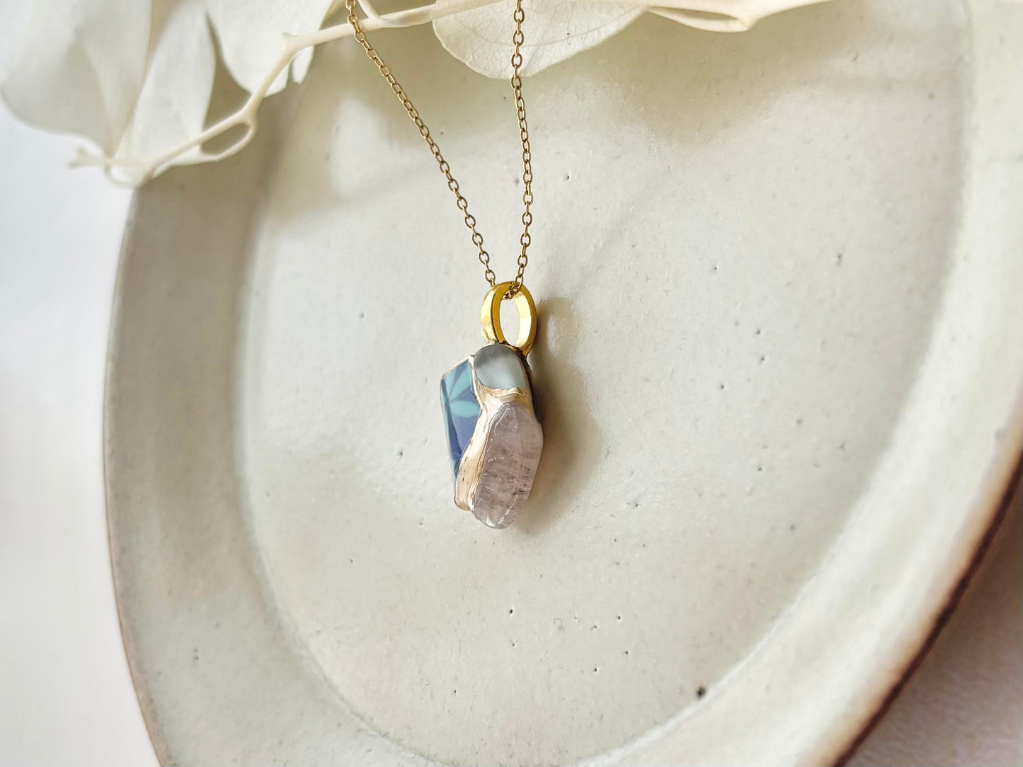 Arita Ware Kintsugi Necklace, Surgical Stainless Steel Chain, Hypoallergenic, 18K, Blue, Leaf Pattern, Freshwater Pearl, Natural Stone, Traditional Craft, #481