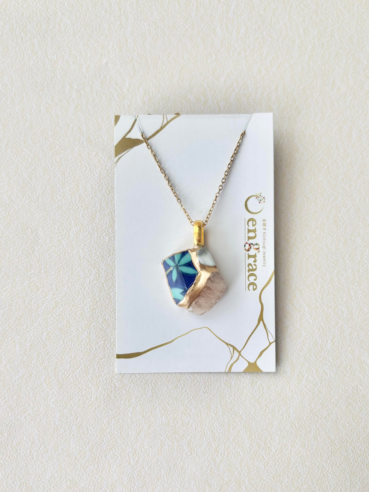 Arita Ware Kintsugi Necklace, Surgical Stainless Steel Chain, Hypoallergenic, 18K, Blue, Leaf Pattern, Freshwater Pearl, Natural Stone, Traditional Craft, #481