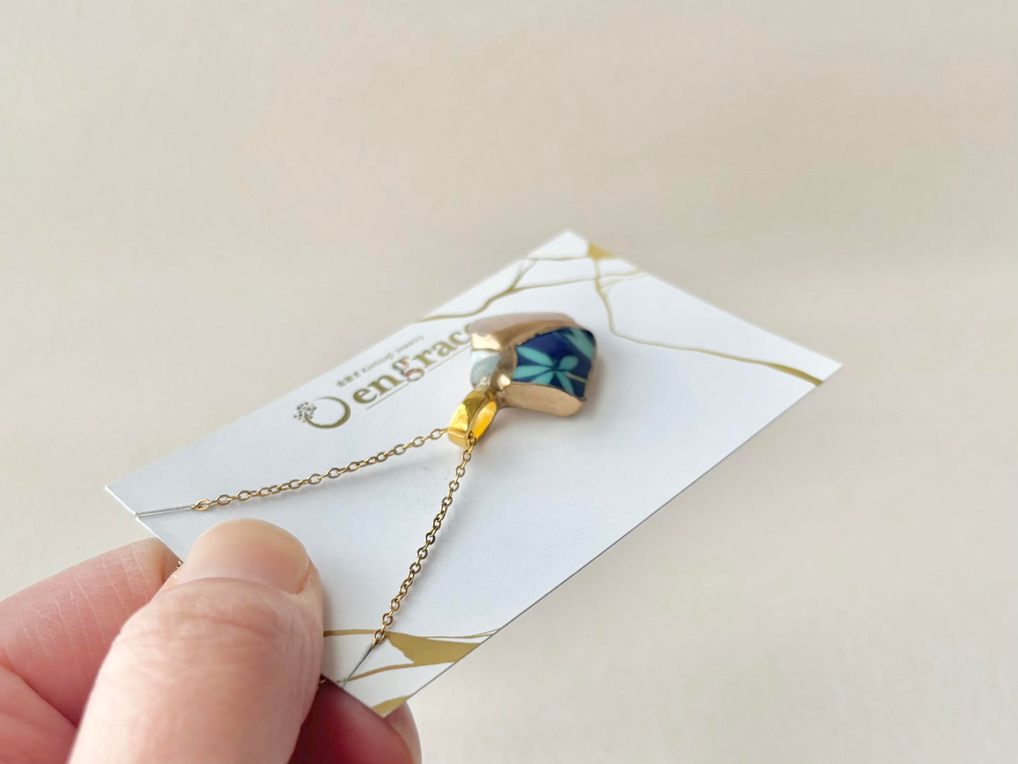 Arita Ware Kintsugi Necklace, Surgical Stainless Steel Chain, Hypoallergenic, 18K, Blue, Leaf Pattern, Freshwater Pearl, Natural Stone, Traditional Craft, #481