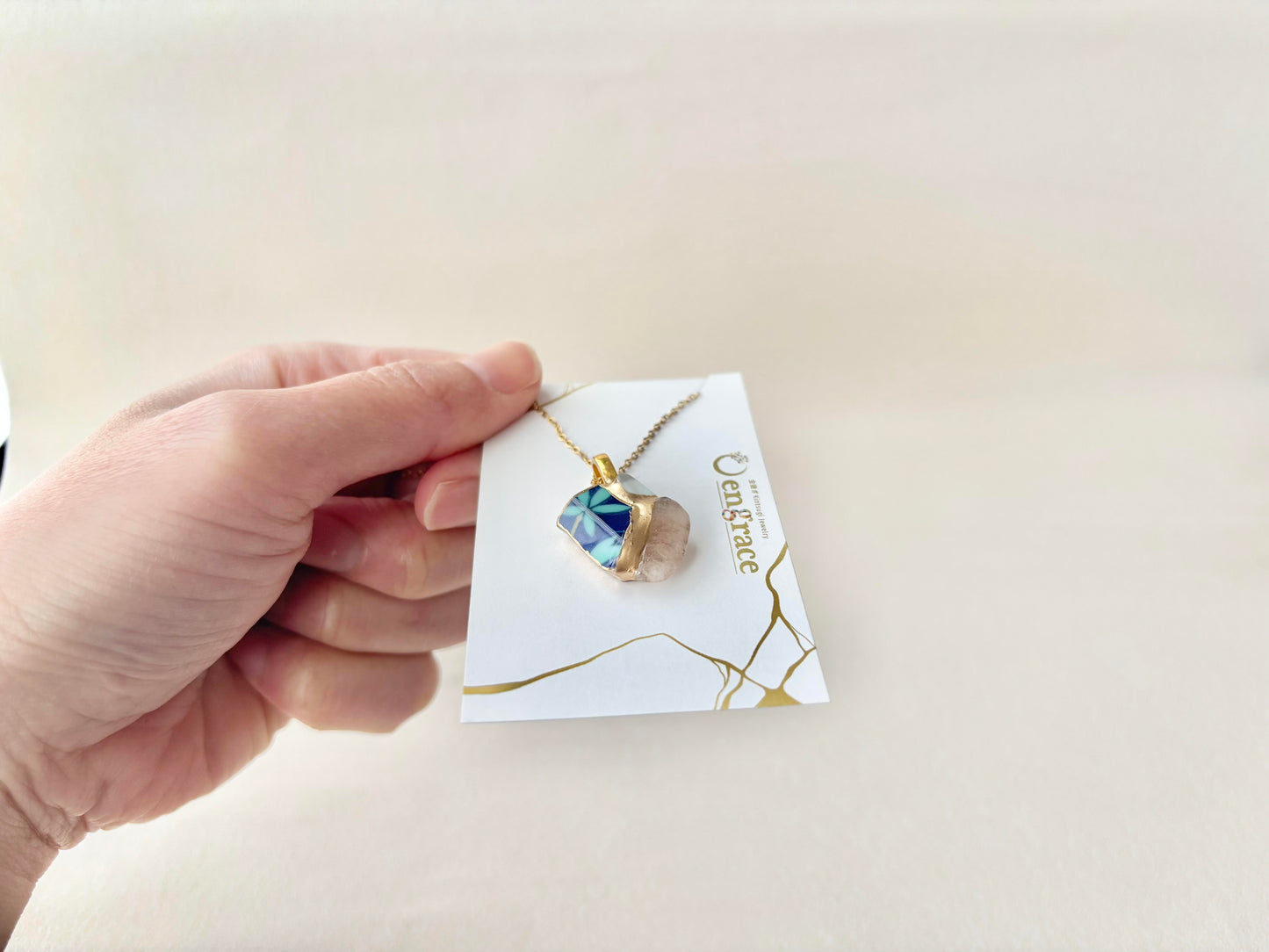 Arita Ware Kintsugi Necklace, Surgical Stainless Steel Chain, Hypoallergenic, 18K, Blue, Leaf Pattern, Freshwater Pearl, Natural Stone, Traditional Craft, #481