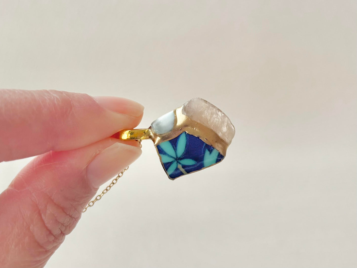 Arita Ware Kintsugi Necklace, Surgical Stainless Steel Chain, Hypoallergenic, 18K, Blue, Leaf Pattern, Freshwater Pearl, Natural Stone, Traditional Craft, #481