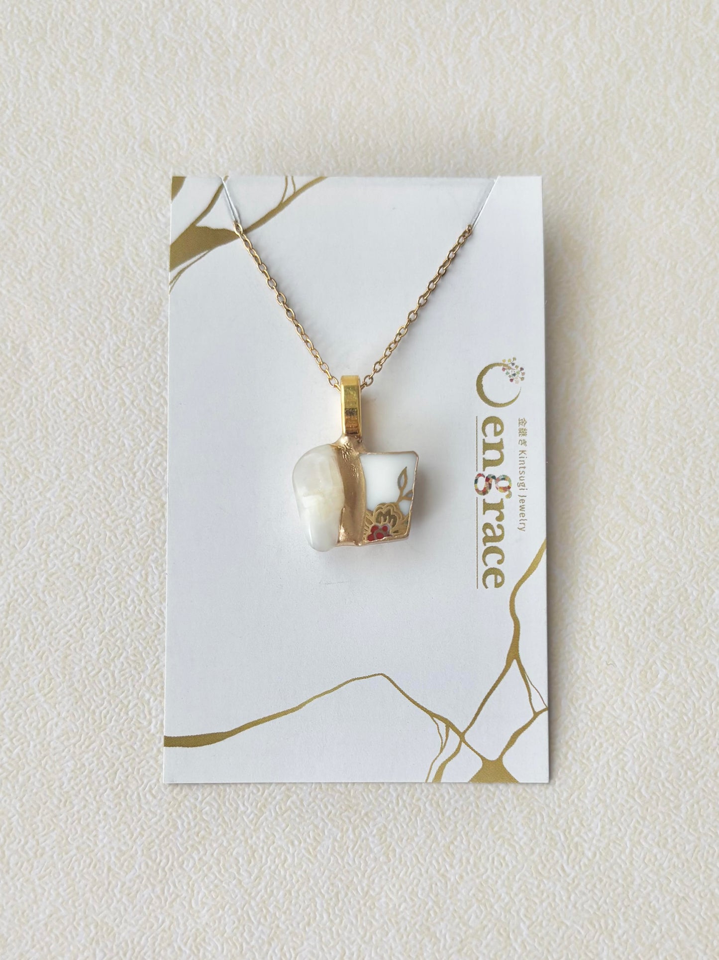 Arita Ware Kintsugi Necklace, Surgical Stainless Steel Chain, Hypoallergenic, 18K, Blue, Leaf Pattern, Freshwater Pearl, Natural Stone, Traditional Craft, #481