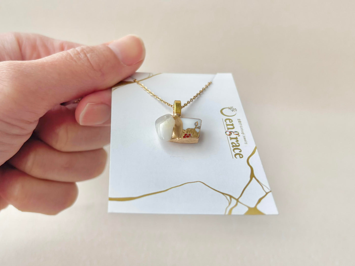 Arita Ware Kintsugi Necklace, Surgical Stainless Steel Chain, Hypoallergenic, 18K, Blue, Leaf Pattern, Freshwater Pearl, Natural Stone, Traditional Craft, #481