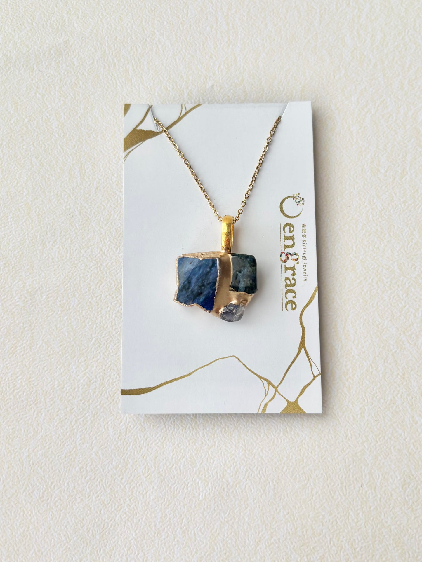 萩焼　金継ぎ　ネックレス　サージカルステンレスチェーン　アレルギー対応　18K　藍色　グリーンルチルクォーツ　アイオライトル　天然石　伝統工芸　＃524
