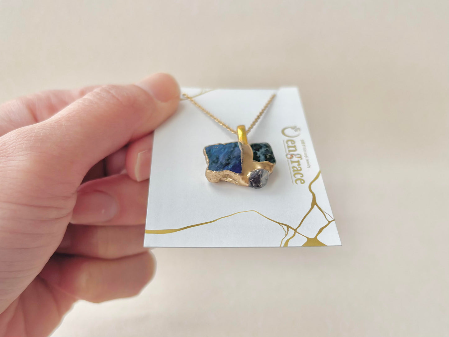 萩焼　金継ぎ　ネックレス　サージカルステンレスチェーン　アレルギー対応　18K　藍色　グリーンルチルクォーツ　アイオライトル　天然石　伝統工芸　＃524