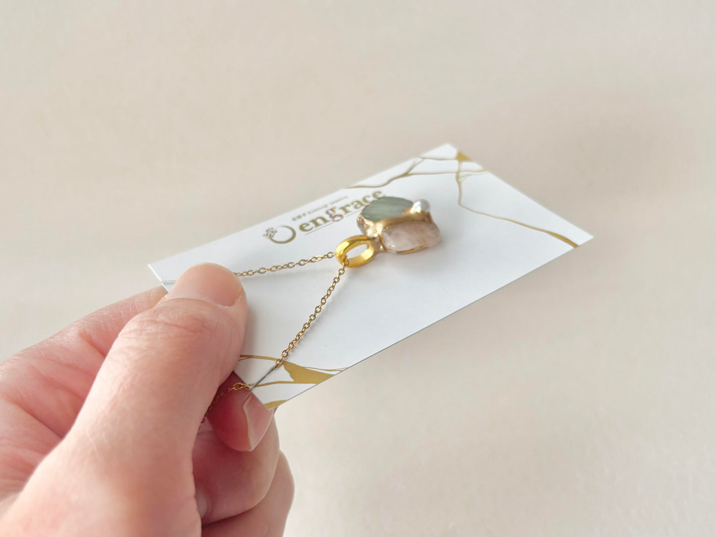 萩焼　金継ぎ　ネックレス　サージカルステンレスチェーン　アレルギー対応　18K　グレー　モルガナイト　樹脂パール　天然石　伝統工芸　＃525