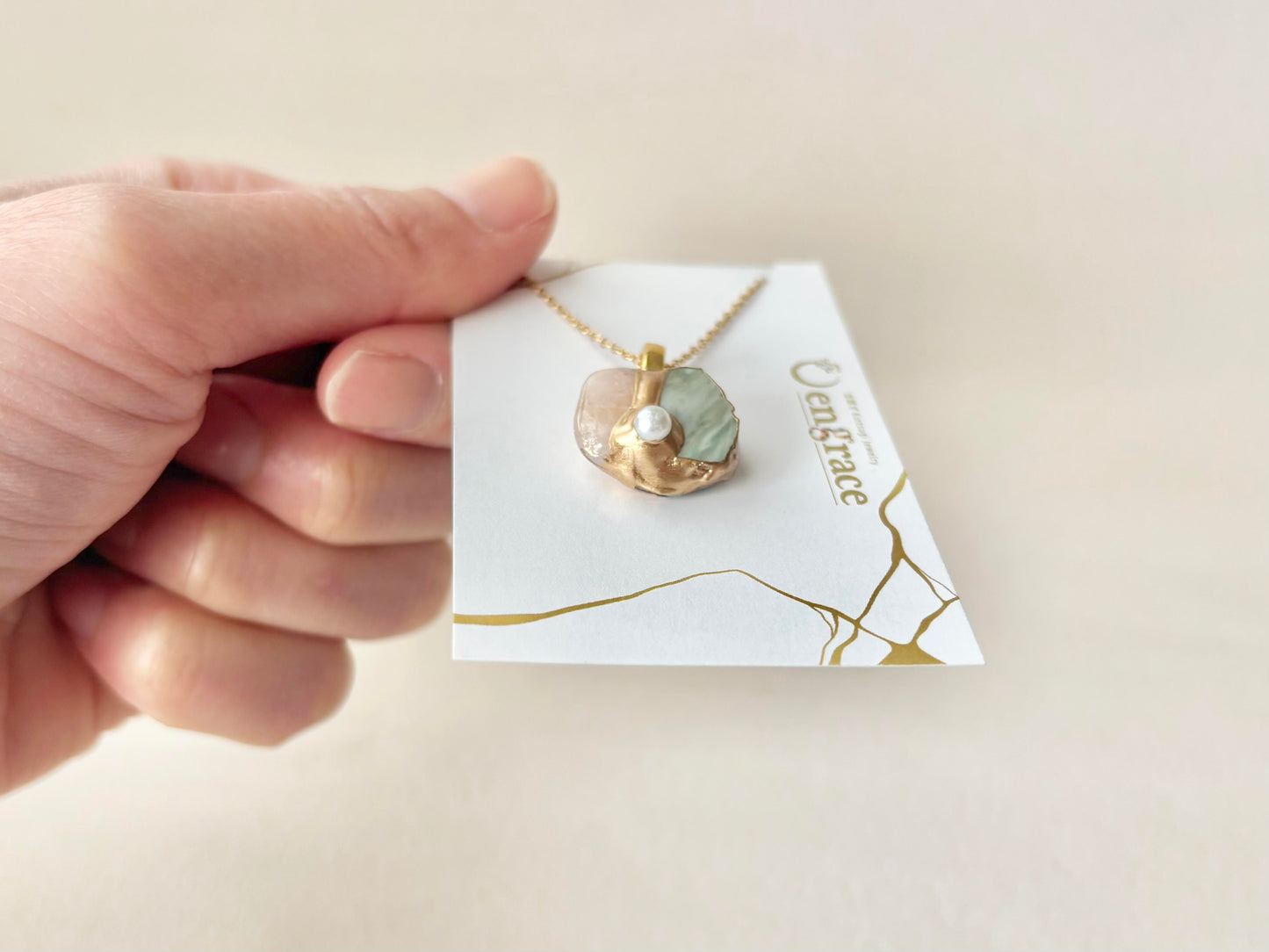 萩焼　金継ぎ　ネックレス　サージカルステンレスチェーン　アレルギー対応　18K　グレー　モルガナイト　樹脂パール　天然石　伝統工芸　＃525