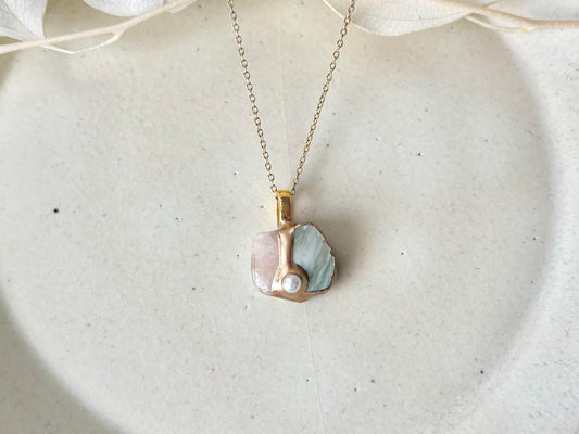[Nickel-Free] Hagi Ware Kintsugi Necklace, Light Blue, Freshwater Pearl, 18K Gold Plated, Surgical Stainless Steel Chain, #435