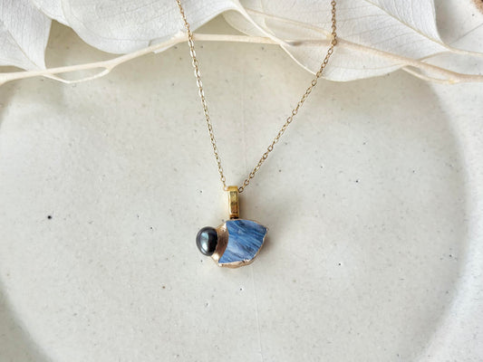 [Nickel-Free] Hagi Ware Kintsugi Necklace, Light Blue, Freshwater Pearl, 18K Gold Plated, Surgical Stainless Steel Chain, #435