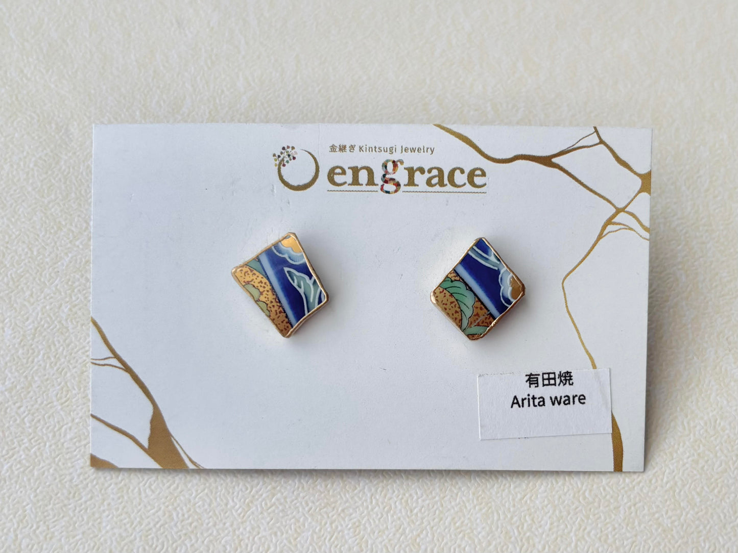 有田焼 　金継ぎ　サージカルステンレスピアス　リーフ柄　和柄　伝統工芸　＃536